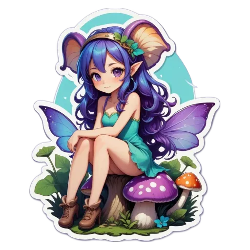 A fairy sitting on a mushroom with a green dress.