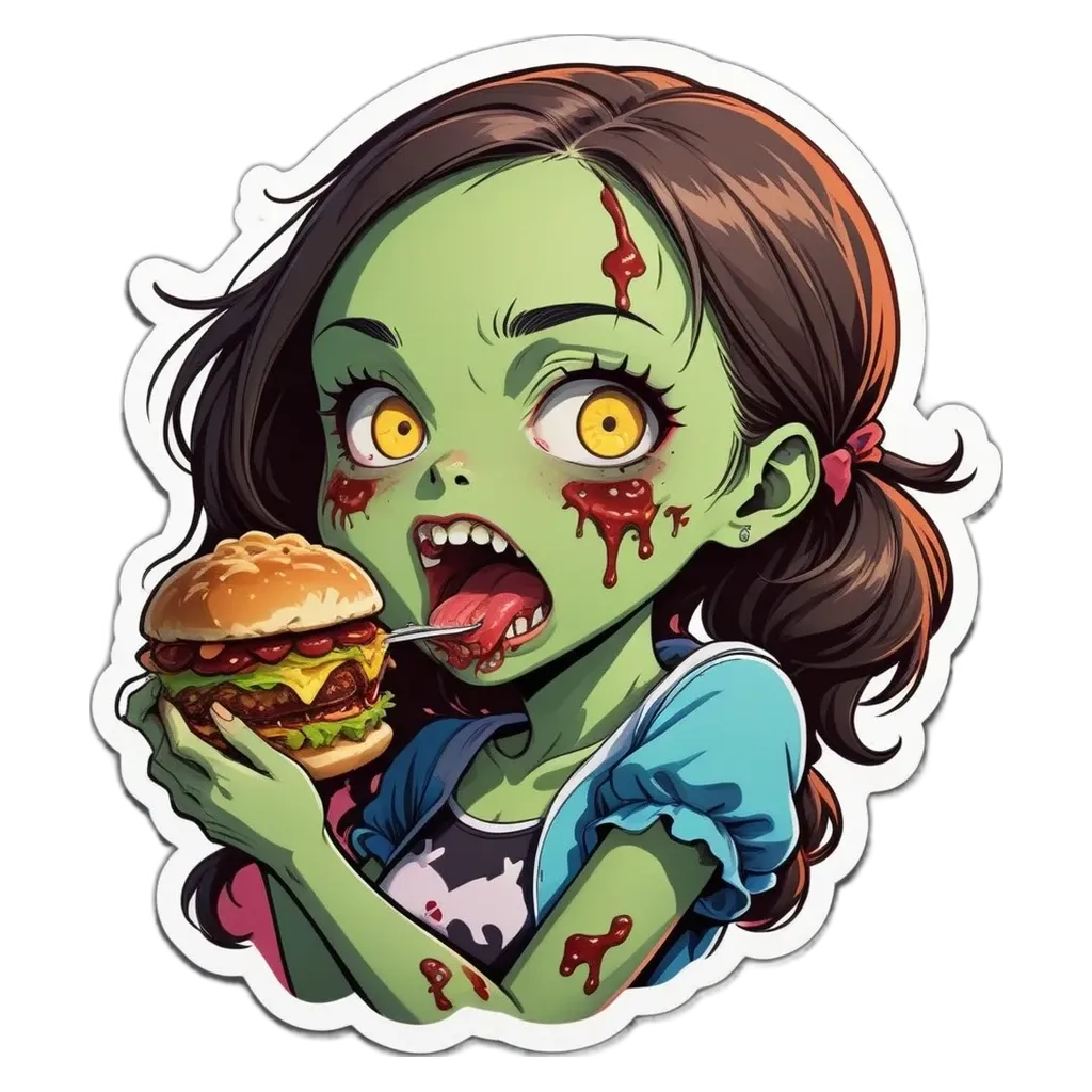 A girl eating a hamburger that has fake blood on it.