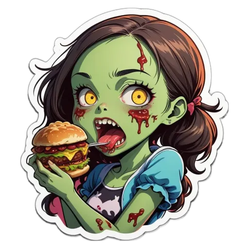 A girl eating a hamburger that has fake blood on it.