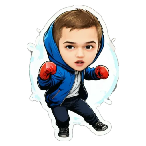 A cartoon boxing scene with a boy wearing boxing gloves and a blue hoodie.