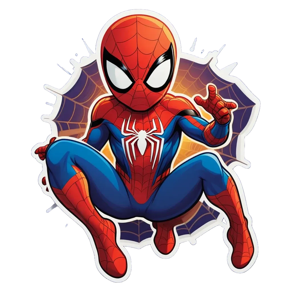 A spiderman character is depicted with a Spiderman sticker.