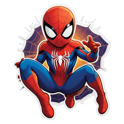 A spiderman character is depicted with a Spiderman sticker.