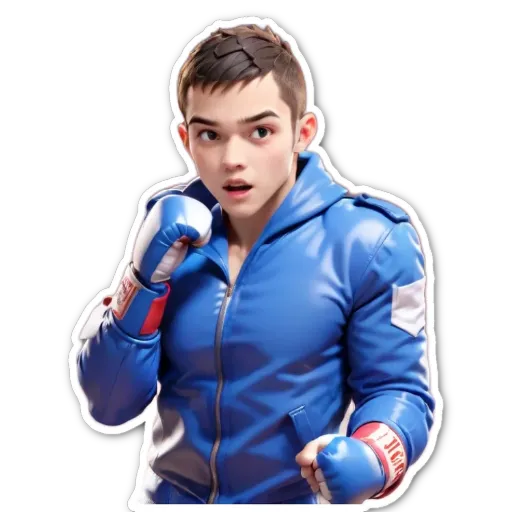 A boy in a blue jacket holding boxing gloves in his right hand.