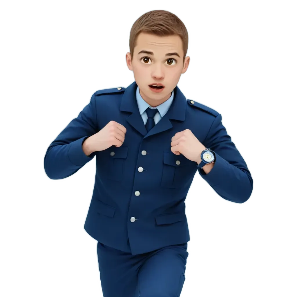 A boy in a blue suit running with his hands on his hips.