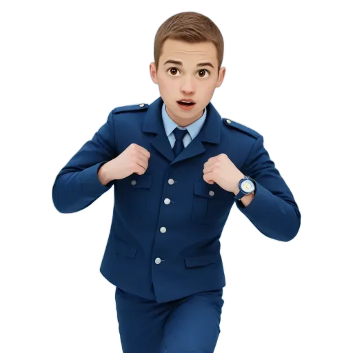 A boy in a blue suit running with his hands on his hips.