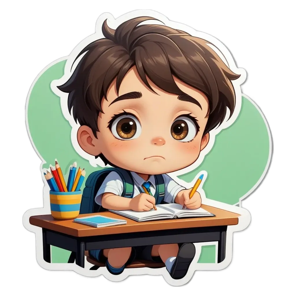 A boy in a cartoon drawing sits at a desk with a pencil in his hand.