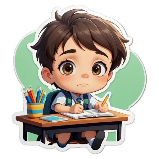 A boy in a cartoon drawing sits at a desk with a pencil in his hand.