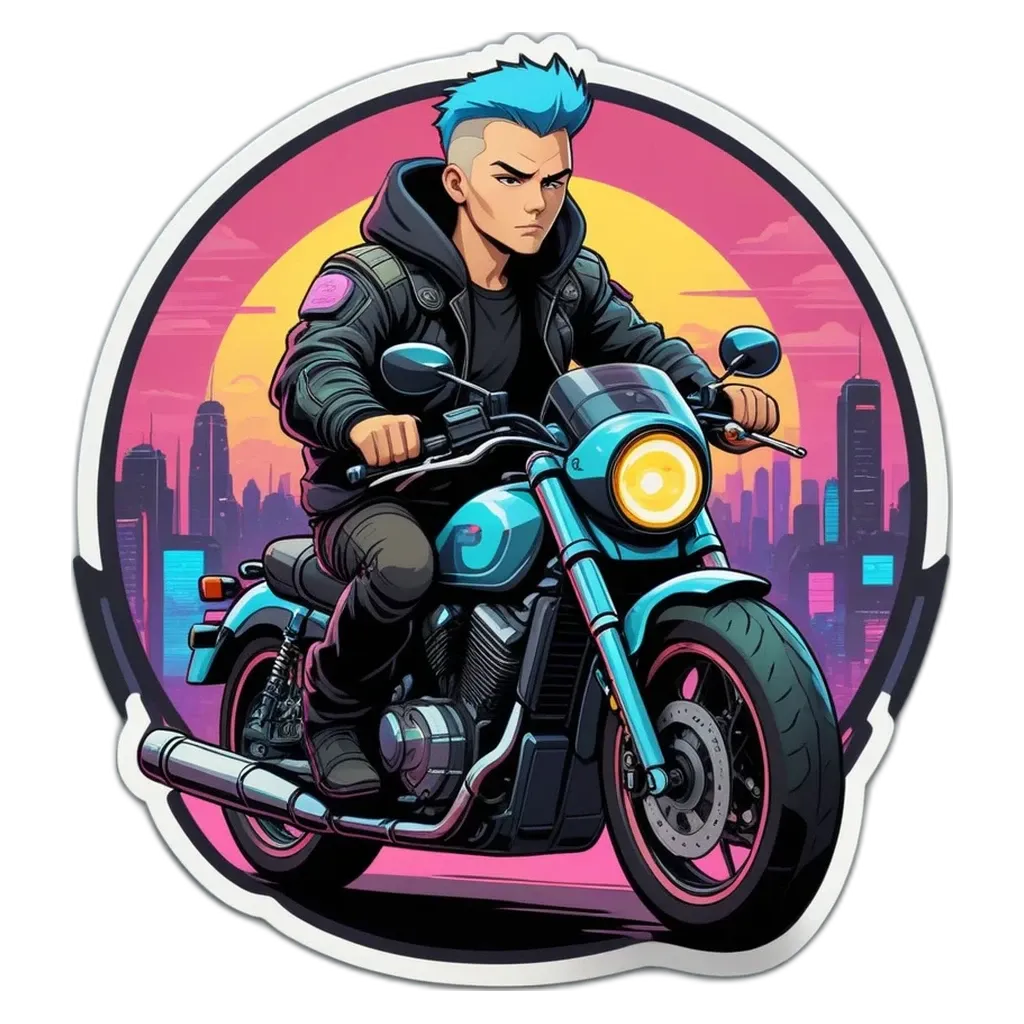 A sticker of a man on a motorcycle in the city.