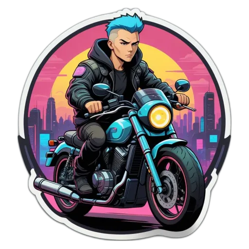 A sticker of a man on a motorcycle in the city.