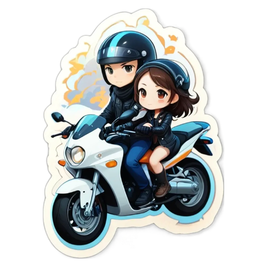 A girl and boy riding a motorcycle cartoon style sticker.