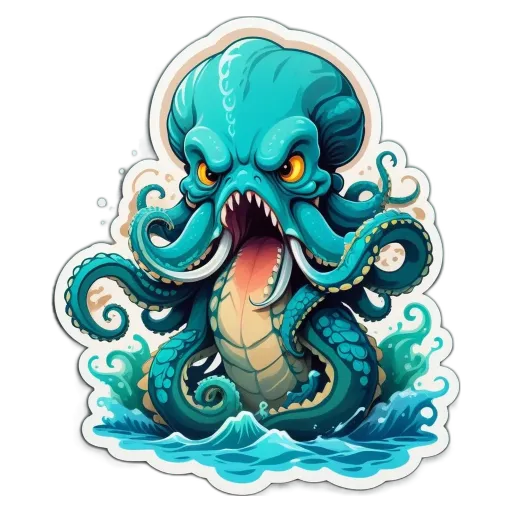 A colorful octopus with a big mouth and fang.