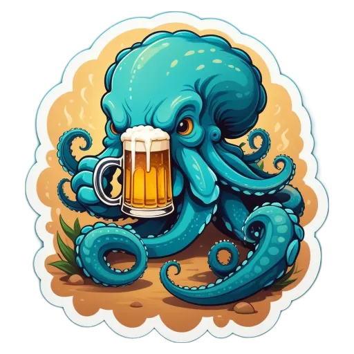 A colorful octopus drinking from a glass of beer.