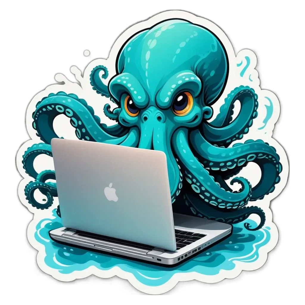 An octopus using a laptop is the subject of the picture.