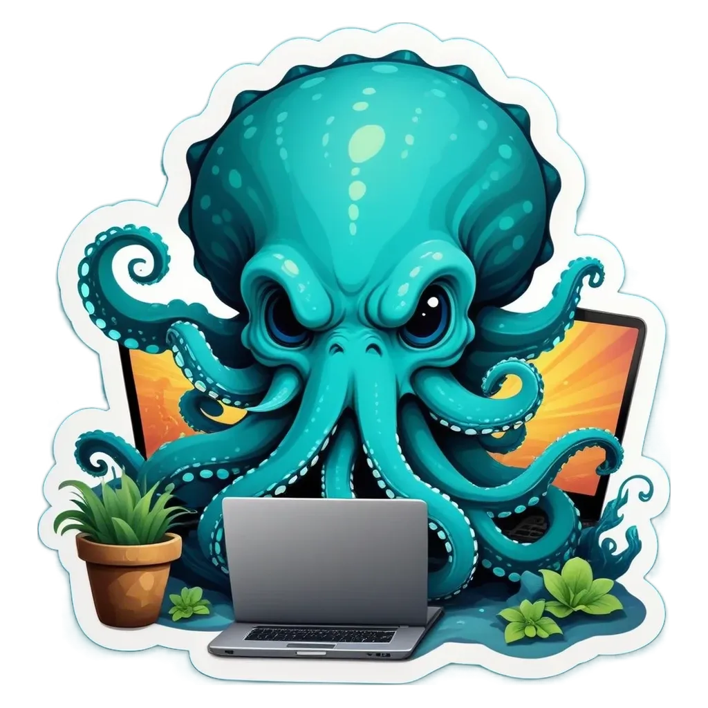 A sticker of an octopus using a laptop.