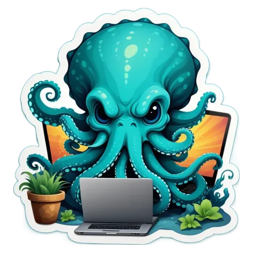 A sticker of an octopus using a laptop.