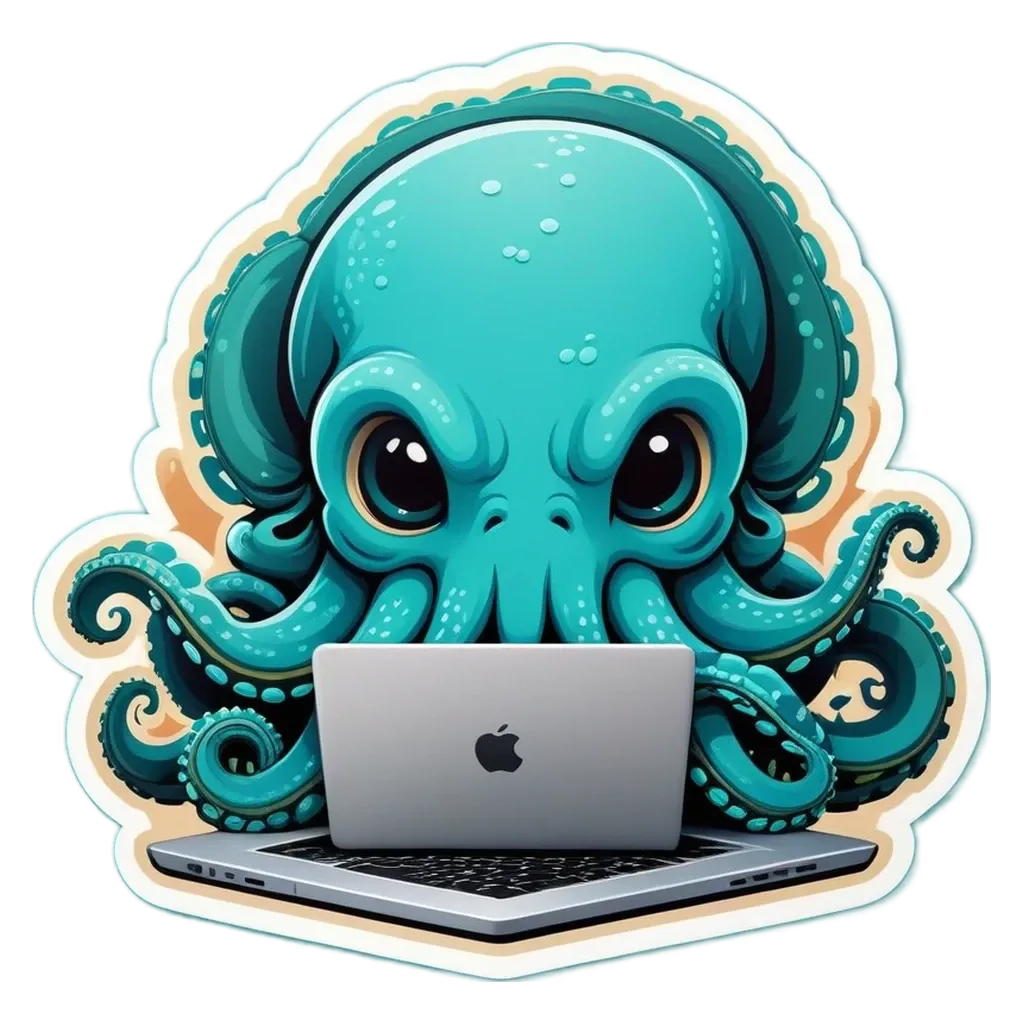 A sticker of an octopus using a laptop.