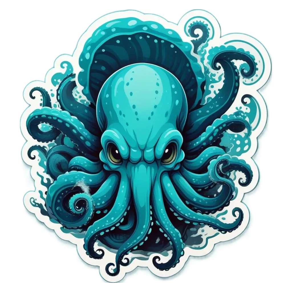 A sticker of an octopus with scary looking eyes.