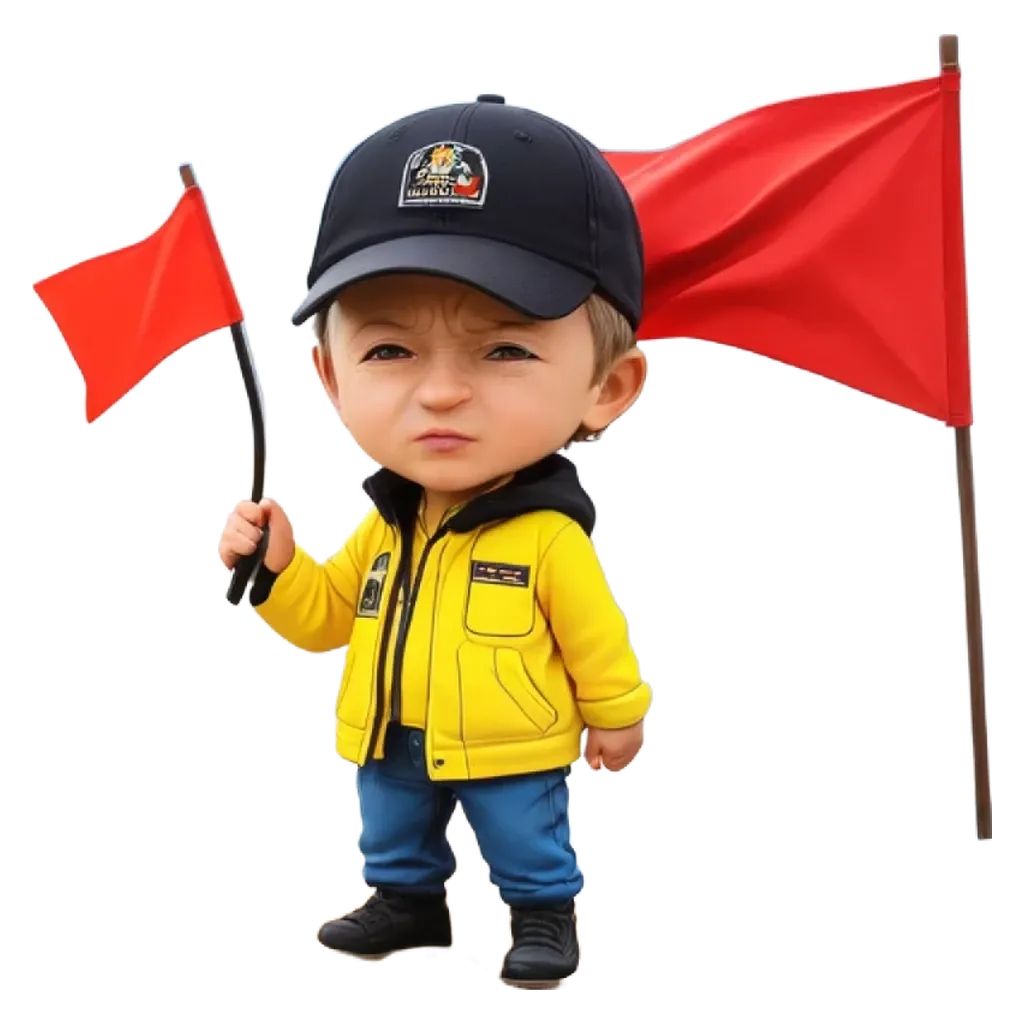 A cartoon picture of a boy holding a red flag.