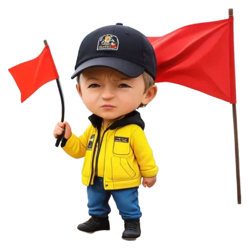 A cartoon picture of a boy holding a red flag.