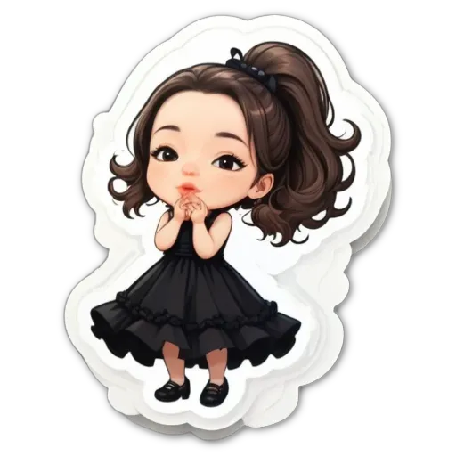 A girl with a black dress and a bow in her hair.