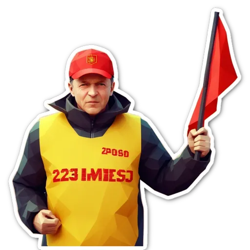 A man wearing a yellow shirt with the number 222 on it is holding a red flag.