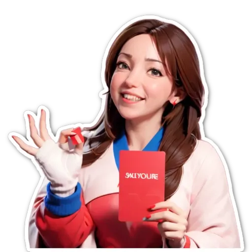 A girl is holding a red card and a red book.