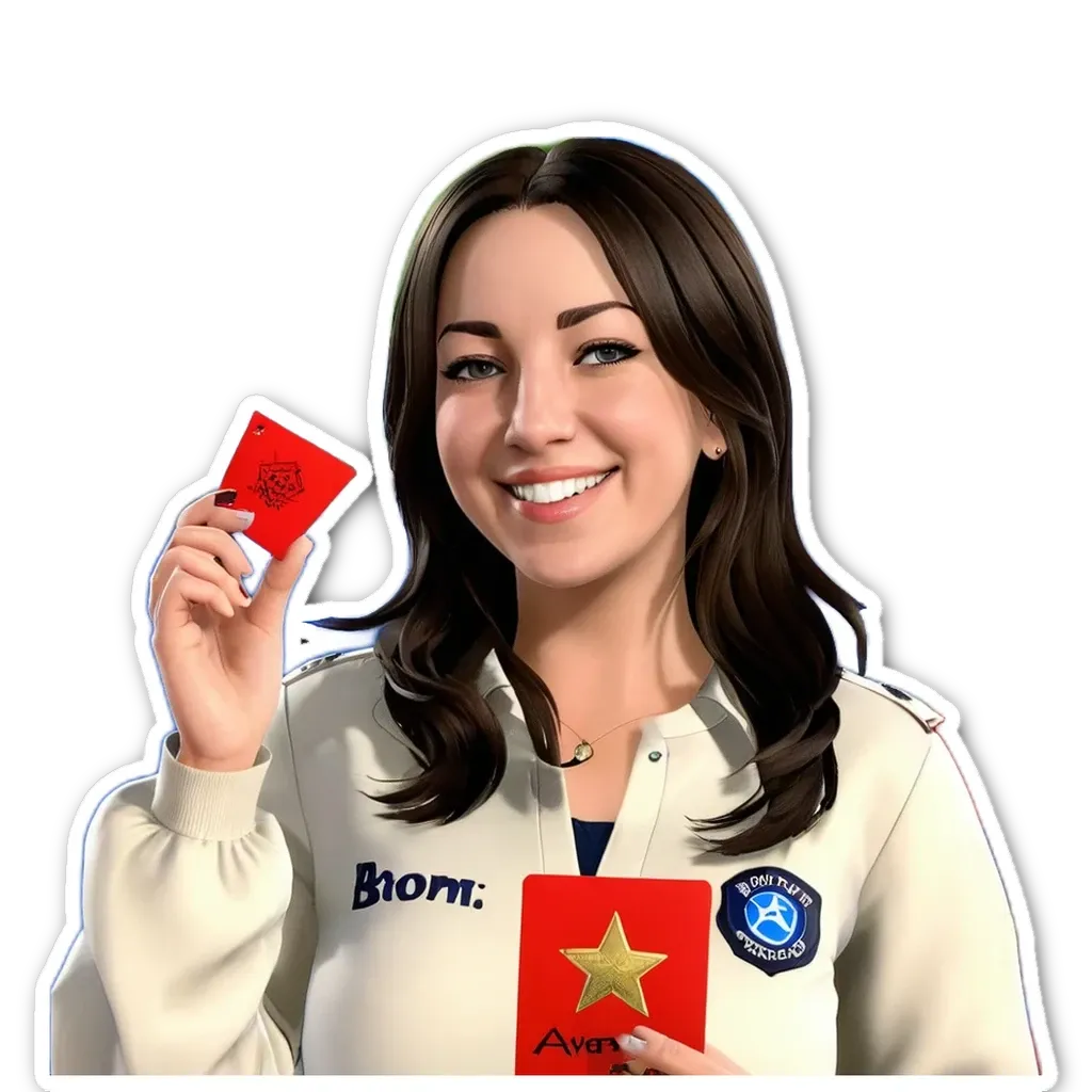 A woman holding a red card with the word "BOM" on it.