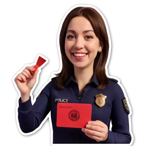 A sticker of a police officer holding a red note.