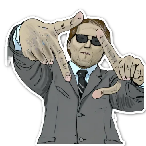 A man wearing a suit and sunglasses who is making a peace sign with his fingers.