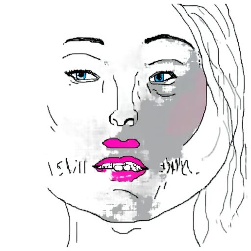 A woman with blue eyes and a pink lips drawn on her face.