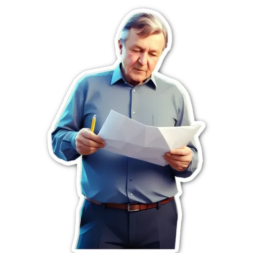 An older man is reading a piece of paper with a pencil.