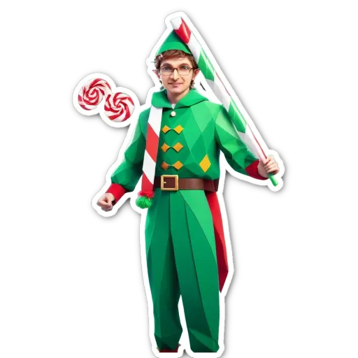 A young man dressed as elf holding candy canes and a flag.