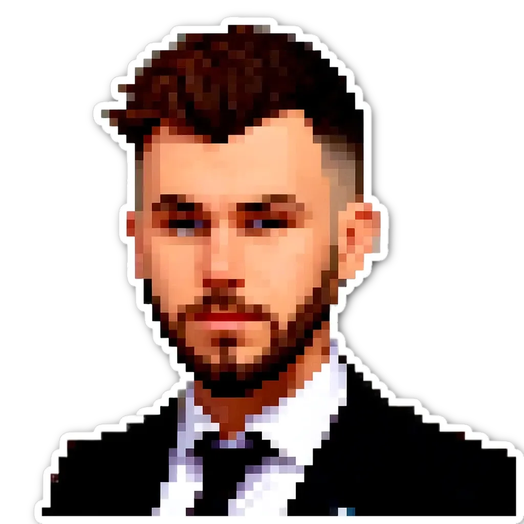 A man with a tie and a beard in a pixelated sticker.