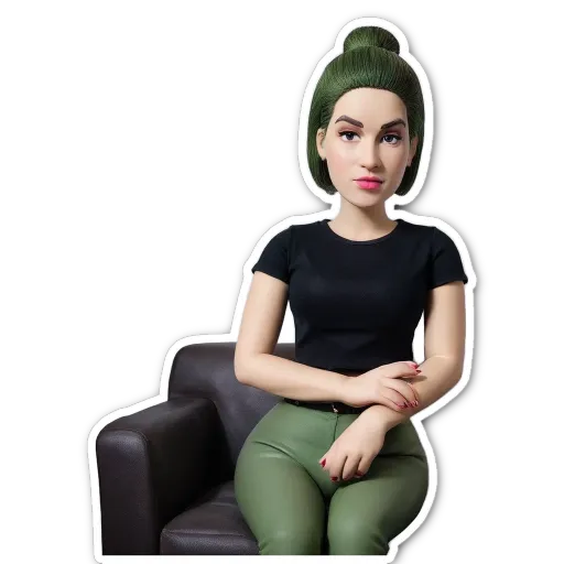 A sticker of a woman with green hair and is sitting in a black chair.