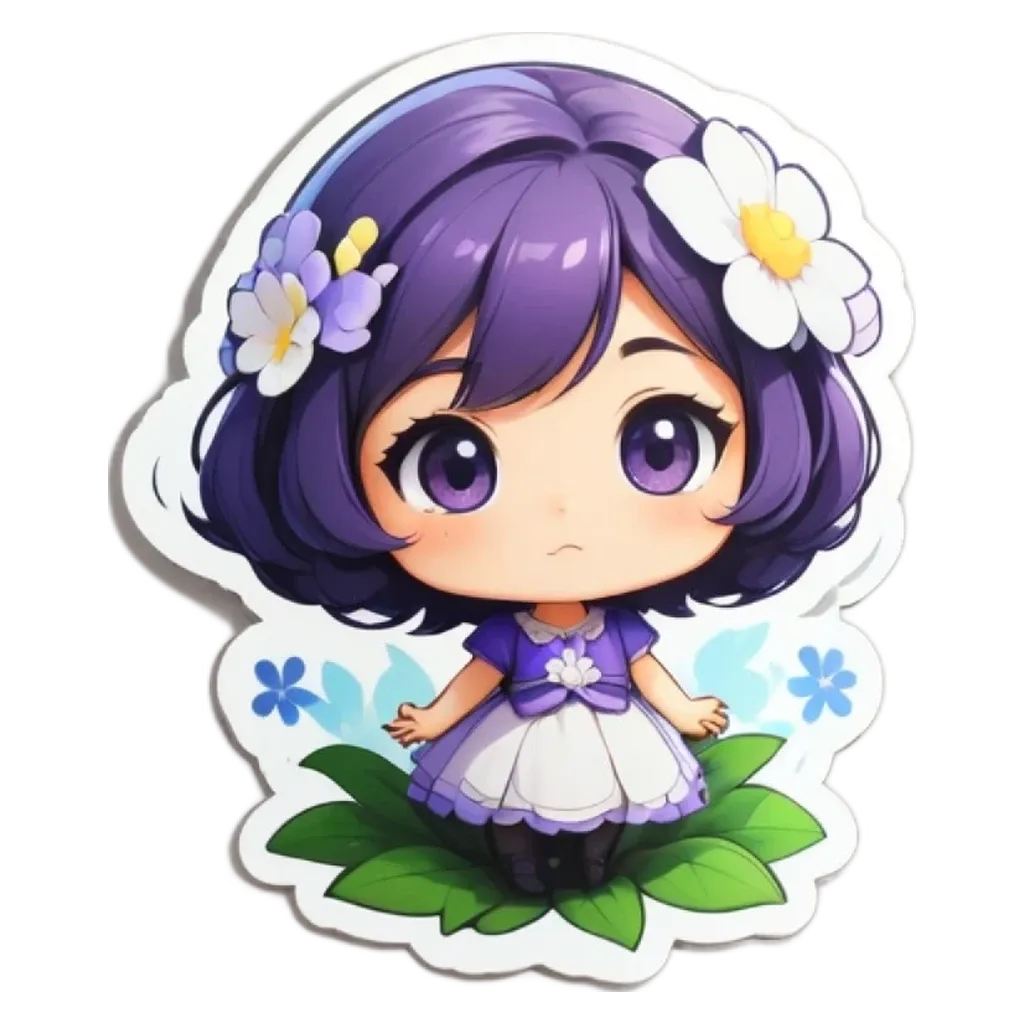 A girl with white and purple flowers on her shirt is looking down.