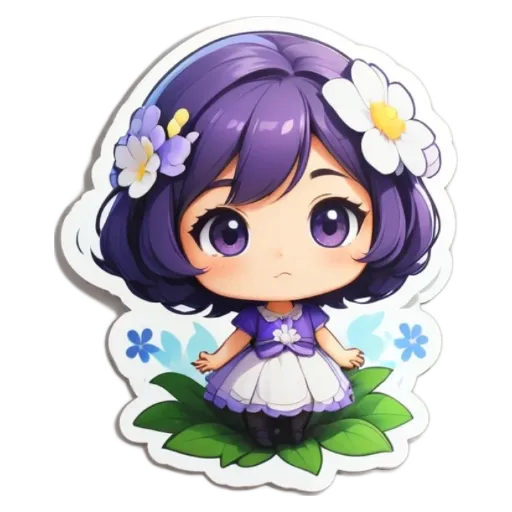 A girl with white and purple flowers on her shirt is looking down.