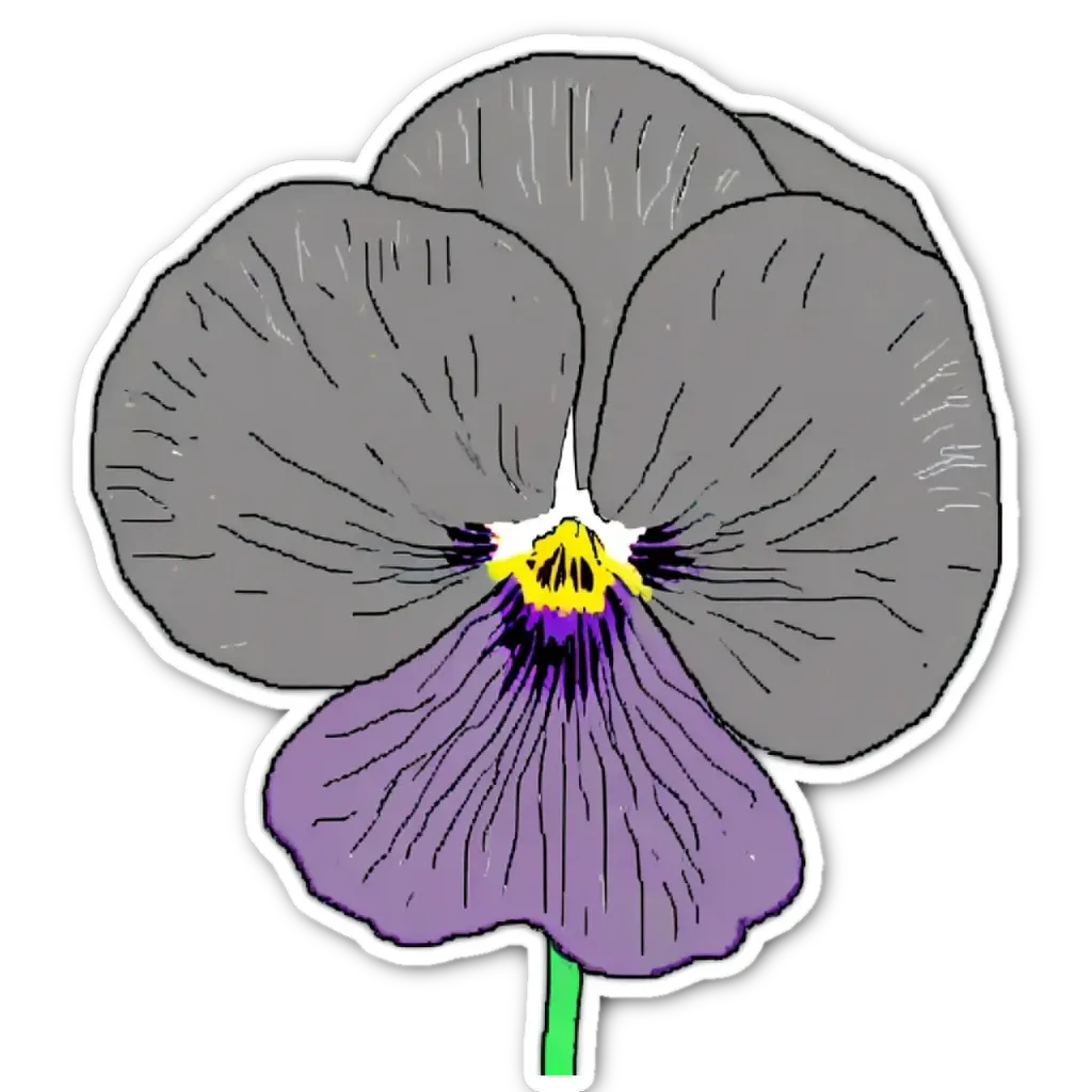 A grey sticker of a flower with purple petals.