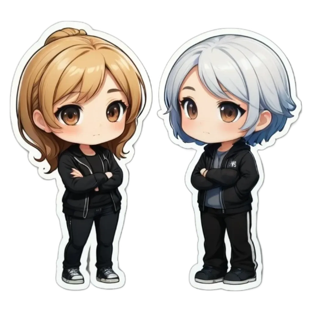 Two women in black cartoon like stickers.