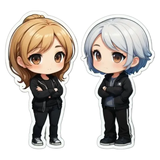 Two women in black cartoon like stickers.