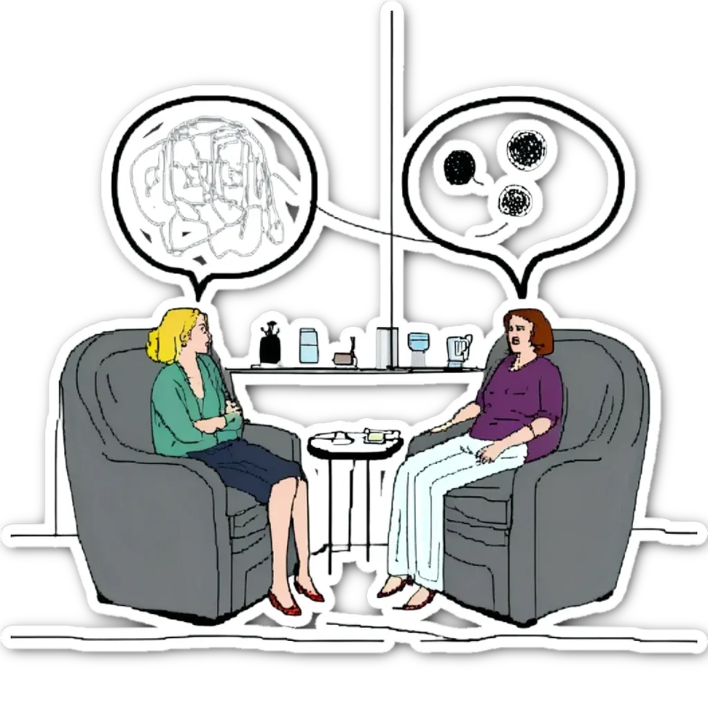 Two women in chairs having a conversation with a panel of three bubbles.