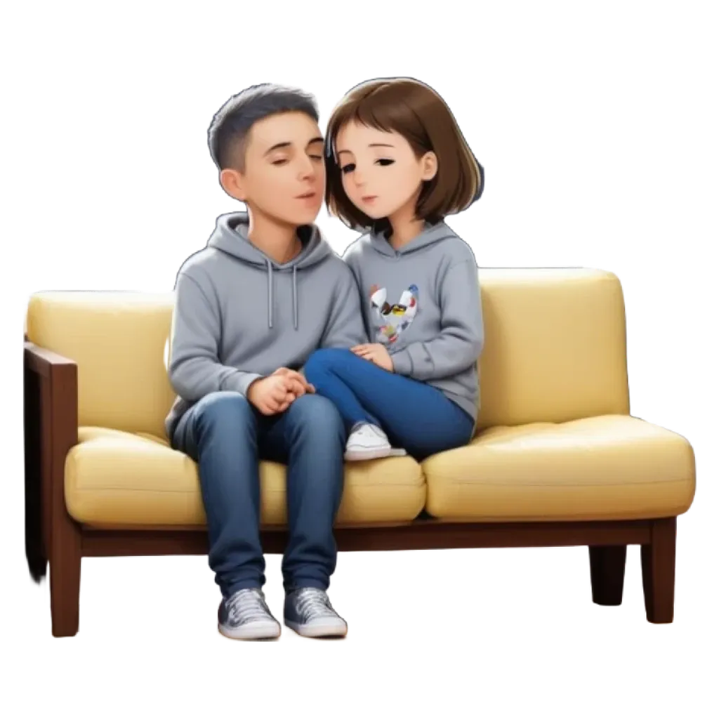 Two people sitting on a couch in a cartoonish manner.