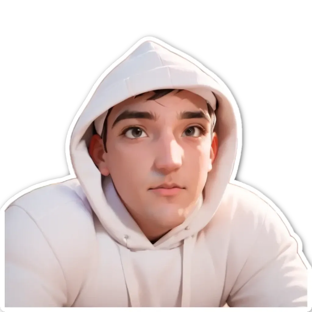 A boy wearing a white hoodie stands in front of a black background.