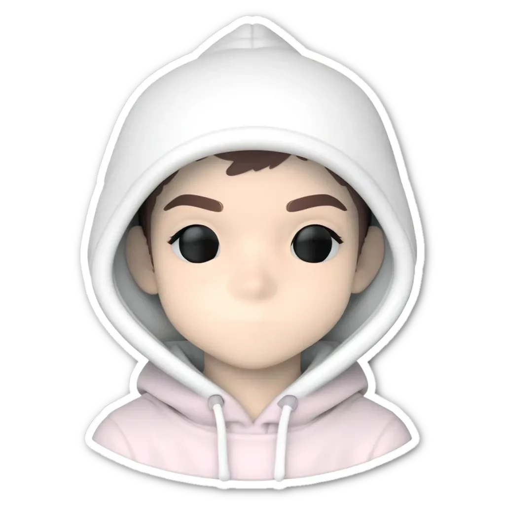 A boy wearing a white hoodie is depicted with black eyes.