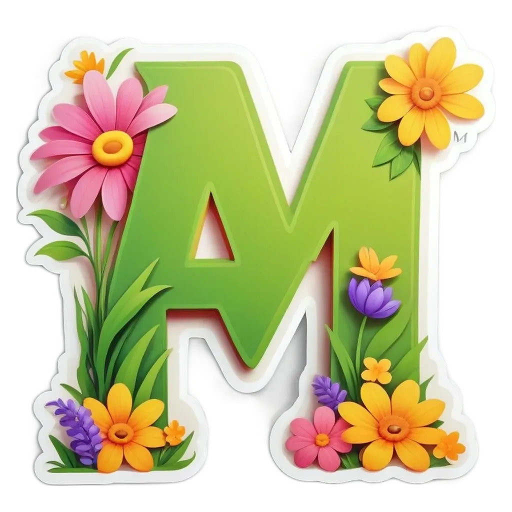 The letter M is made up of flowers and is green.