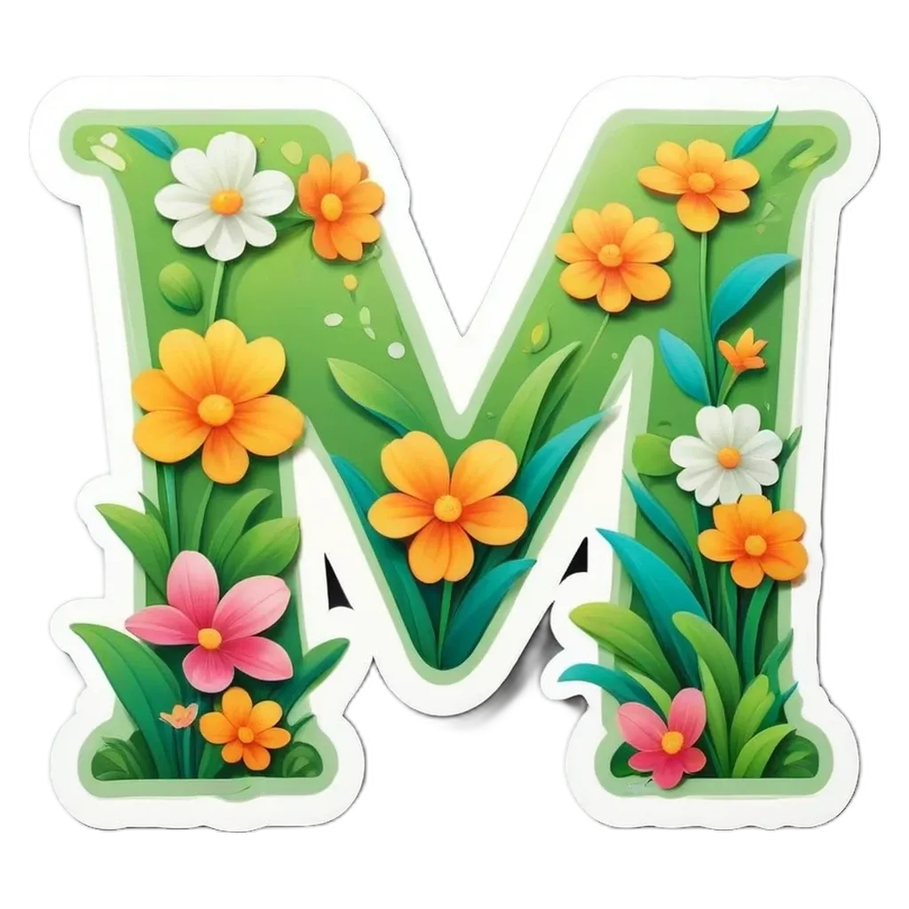 The letter M is made up of other letters and flowers and is green and orange.