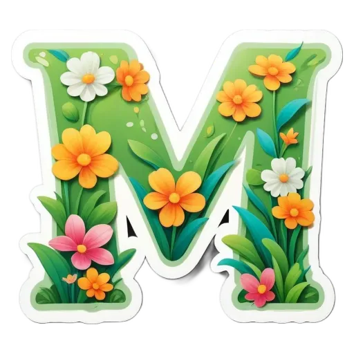 The letter M is made up of other letters and flowers and is green and orange.