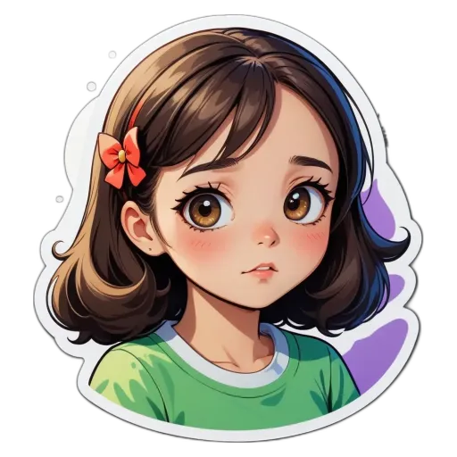 A sticker of a girl with a red bow on her right.