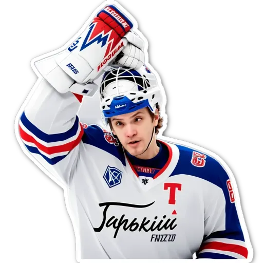 A hockey player wearing a white and blue game face sticker.