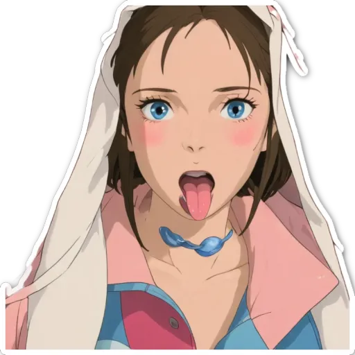 An anime girl with her tongue out in a pink and white jacket.