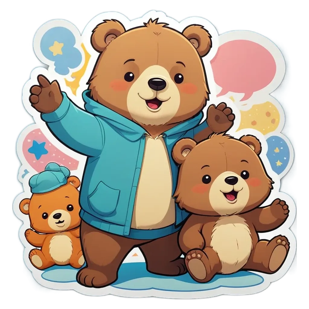 A bear with a blue hood and a yellow star is with his family.